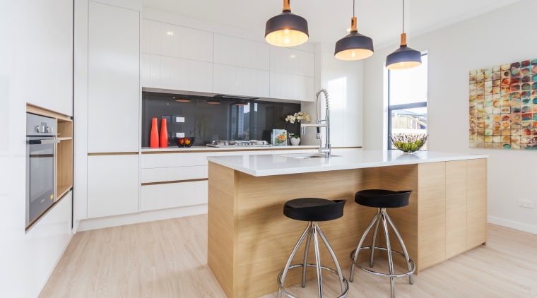 Table for two? The island in this kitchen apartment, architecture, cabinetry, countertop, cuisine classique, floor, home, interior design, kitchen, product design, real estate, room, gray, white