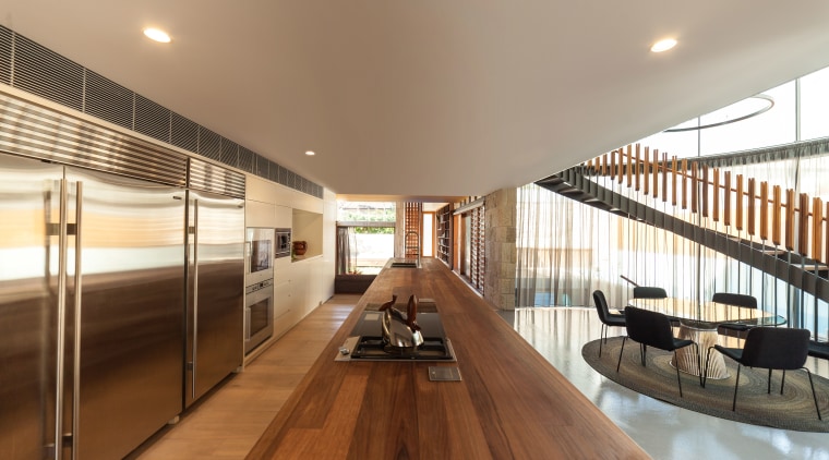 The largest prepping surface in the world? This architecture, ceiling, daylighting, flooring, house, interior design, property, real estate, wood, brown, gray