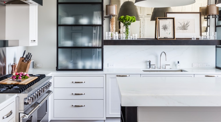 Rustic touch on this elegant kitchen design cabinetry, countertop, cuisine classique, floor, flooring, hardwood, home, home appliance, interior design, kitchen, room, wood flooring, white