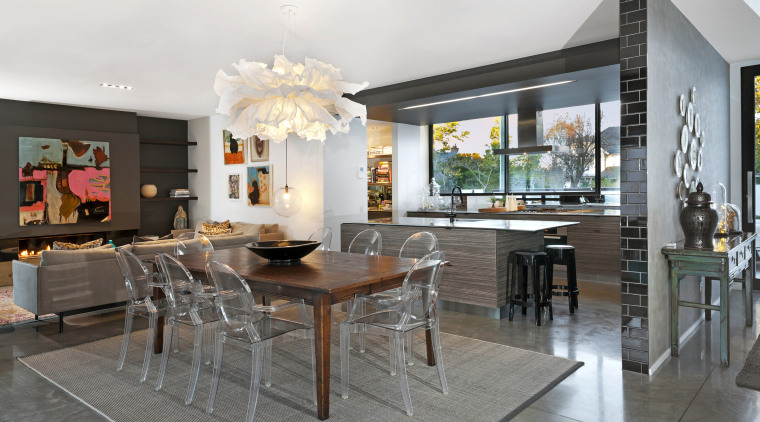 Located around the corner from the front door dining room, furniture, interior design, living room, property, real estate, table, gray, white