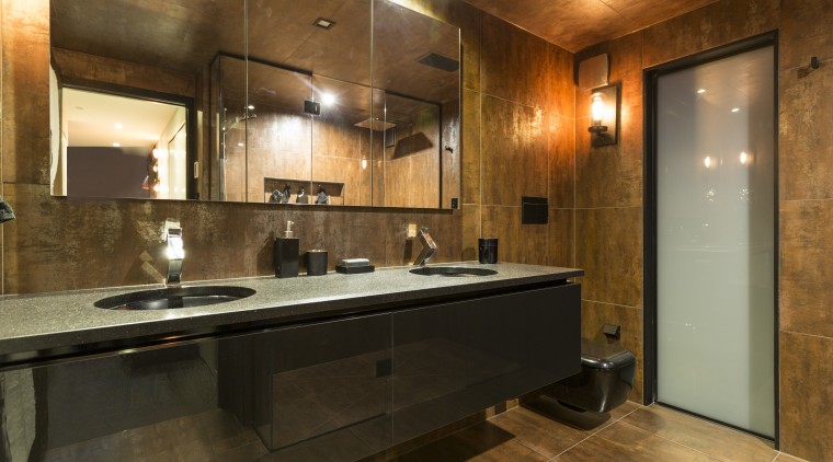 Choice of materials in this bathroom by designer cabinetry, ceiling, countertop, flooring, interior design, kitchen, real estate, room, brown