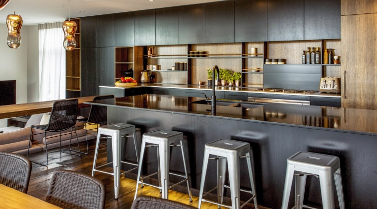 This kitchen created by designer Colleen Holder and countertop, interior design, kitchen, gray