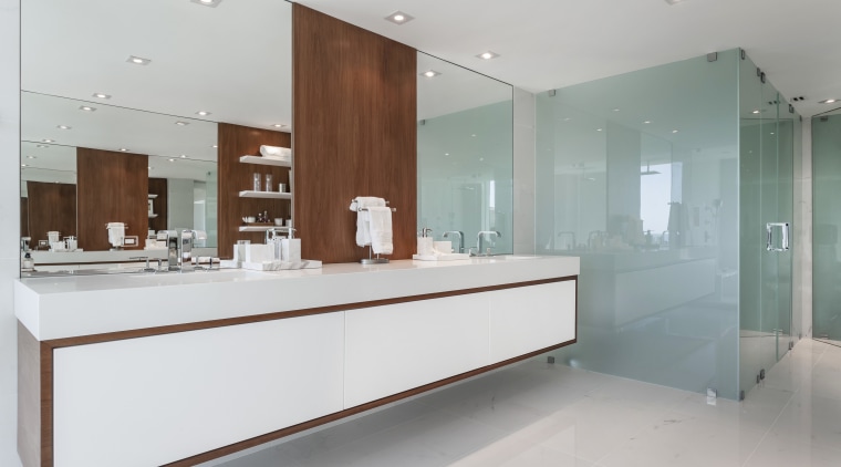 Translucent green glass, stone-look tiles, and white lacquer bathroom, interior design, kitchen, room, sink, gray