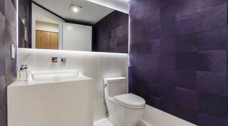 This modern powder room by designers Laila Colvin architecture, bathroom, floor, interior design, plumbing fixture, product design, property, purple, room, sink, tap, tile, gray, purple