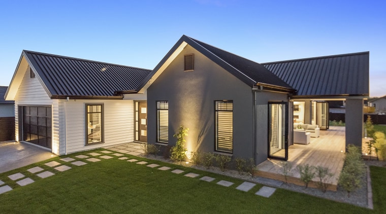 Clad in complementary, low-upkeep Scyon weatherboard and grey cottage, elevation, estate, facade, farmhouse, home, house, property, real estate, residential area, siding, brown, teal
