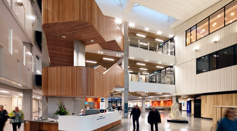 The double-height arrival atrium at Burwood Hospital extension architecture, institution, interior design, lobby, gray