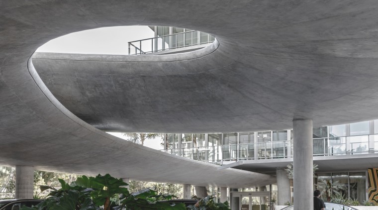 Concrete beneath with lush plantings above, this distinctive architecture, building, ceiling, daylighting, sky, structure, gray