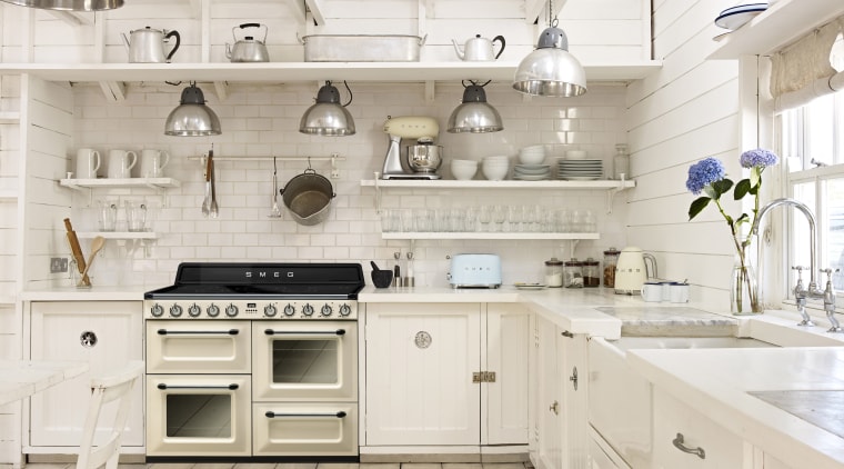 Smegs Victoria series melds traditional design with the countertop, cuisine classique, floor, flooring, interior design, kitchen, room, tile, white