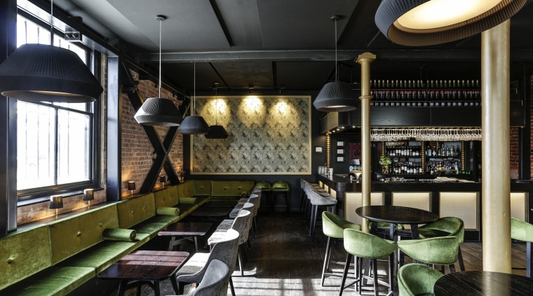 Dux Central is housed in a seismically strengthened interior design, restaurant, black