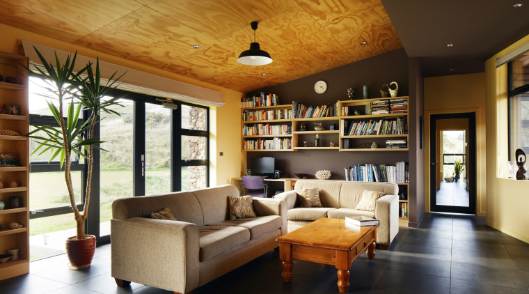 This home by Aonui Architecture features Resene Golden ceiling, interior design, living room, real estate, room, brown