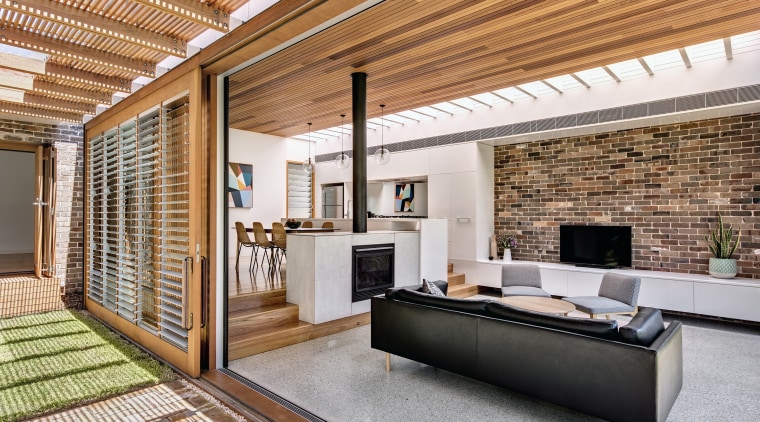 Sliding walls on this extension, the indoors becomes architecture, ceiling, floor, house, interior design, living room, real estate, wood