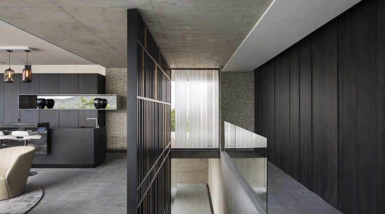 Stairs from the entrance lobby lead to this architecture, house, interior design, gray, black