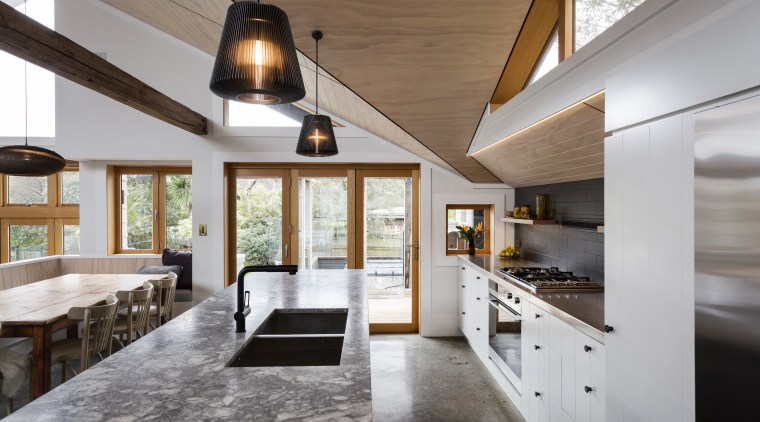 Working with limited space, the distances between island architecture, ceiling, countertop, house, interior design, real estate, gray