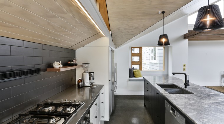 A stainless steel benchtop provides a low maintenance, countertop, interior design, kitchen, real estate, gray