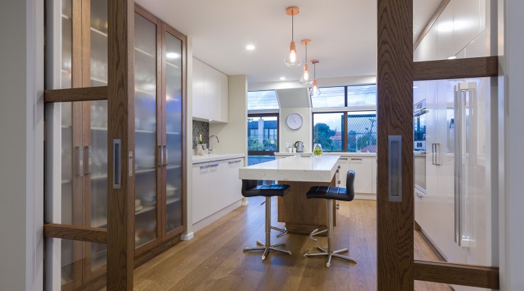Feature copper pendants connect with the metal elements architecture, floor, flooring, house, interior design, real estate, window, gray, brown