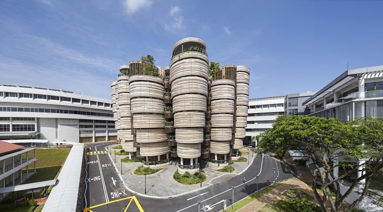The Hive at Singapores National Technological University is architecture, building, condominium, corporate headquarters, headquarters, metropolitan area, mixed use, real estate, sky, teal