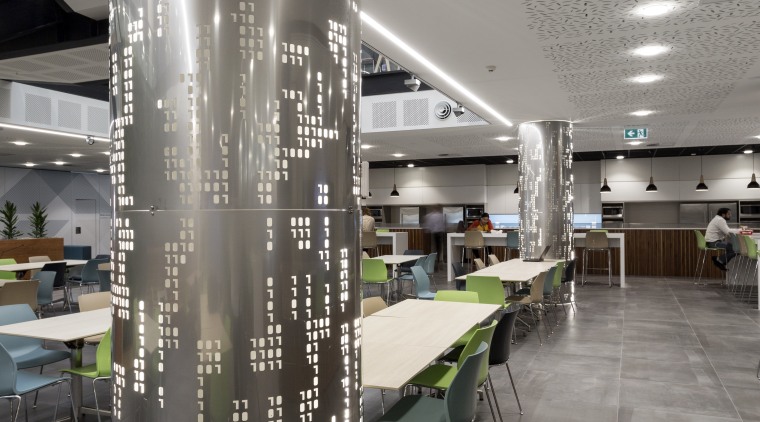 Designed by Gaze Commercial, internally lit pillars add architecture, ceiling, design, glass, interior design, structure, gray