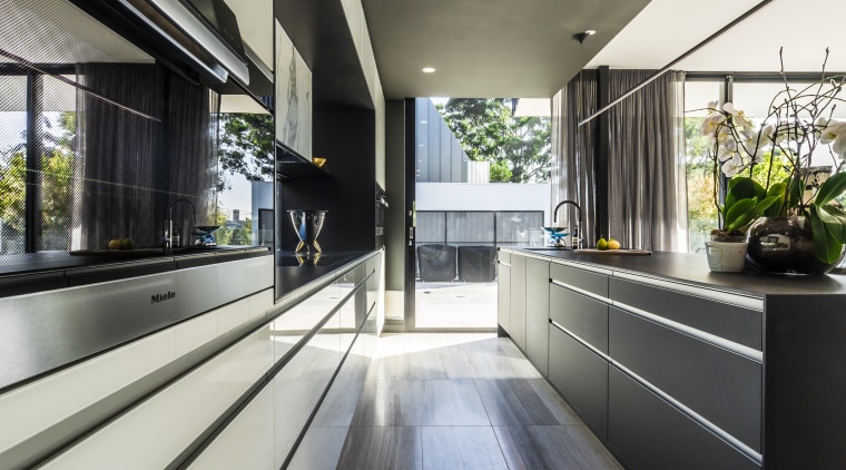 As part of this kitchen renovation, the reinvented architecture, daylighting, house, interior design, kitchen, real estate, black, gray, white