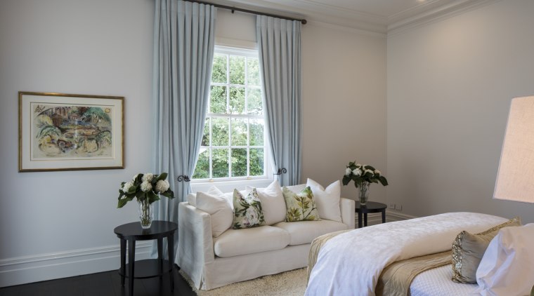 Pale wall tones seen everywhere in this renovated bedroom, ceiling, estate, home, interior design, living room, real estate, room, suite, window, window covering, window treatment, gray