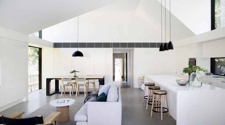 Natural light floods into this ensuite from one architecture, ceiling, house, interior design, table, white