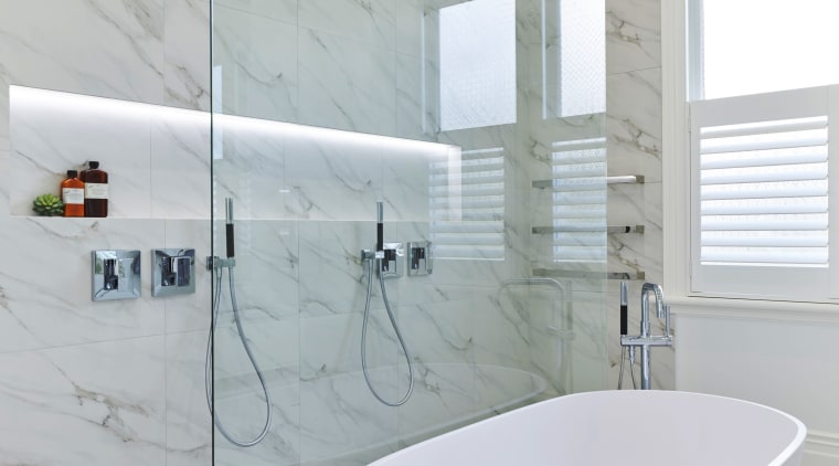 A floor-to-ceiling glass shower screen adds to the bathroom, bathroom sink, ceramic, floor, interior design, plumbing fixture, product design, tap, tile, gray