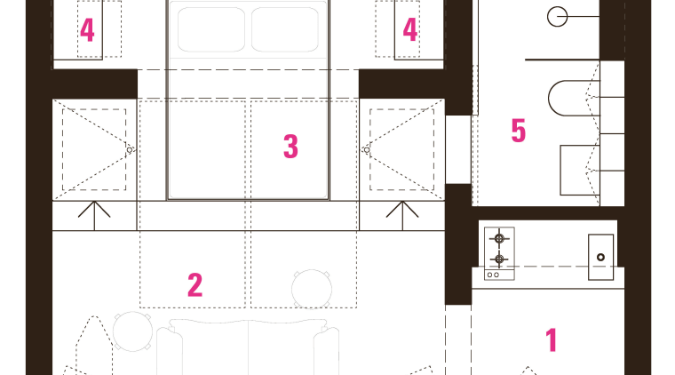 A space-hogging tub was removed in this studio area, design, floor plan, line, pattern, plan, product design, schematic, square, text, white