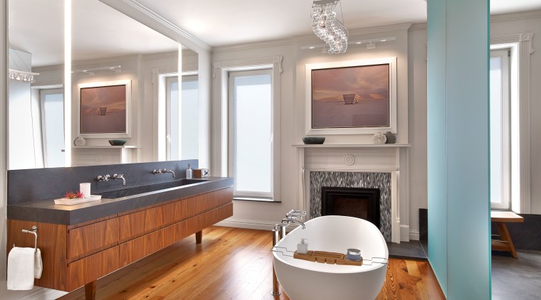 This bathroom occupies what was once a study bathroom, countertop, floor, hardwood, interior design, kitchen, living room, real estate, room, sink, wood flooring, white, gray