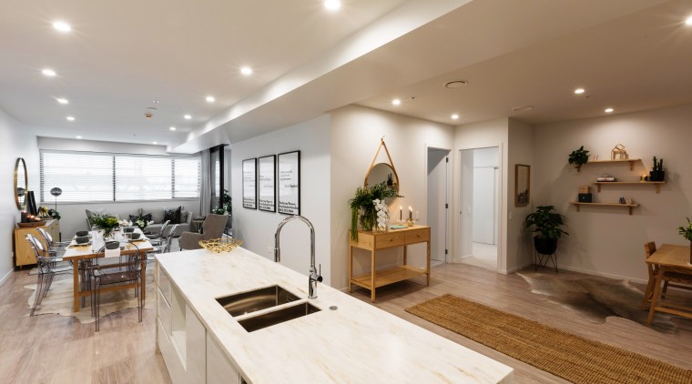 Hereford Residences take in sweeping harbour views in ceiling, floor, flooring, interior design, kitchen, living room, real estate, room, gray, brown
