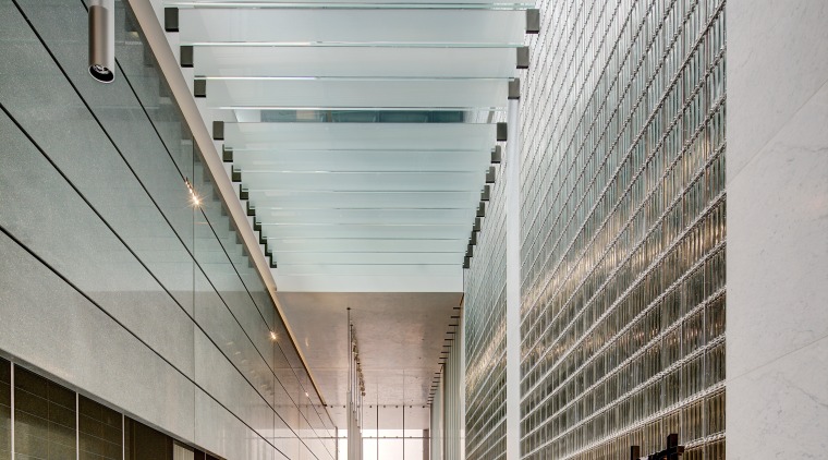 The triple-height foyer in the new 5 Martin architecture, building, ceiling, commercial building, condominium, corporate headquarters, daylighting, facade, glass, headquarters, lobby, structure, gray