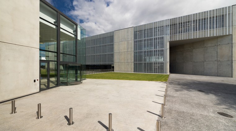 Upscale the entry to the concrete and glass architecture, building, corporate headquarters, facade, house, property, real estate, gray