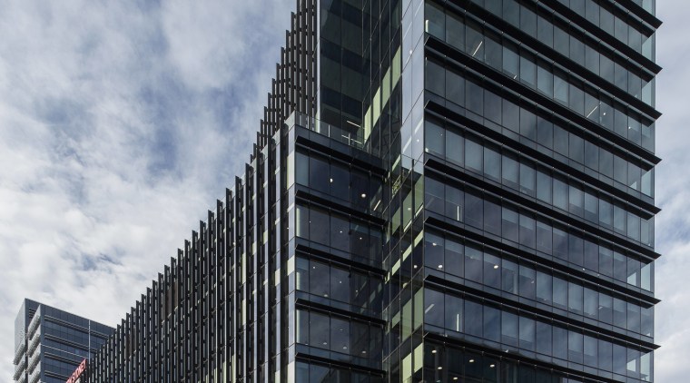 With the look of a clean-lined, contemporary office architecture, building, city, commercial building, condominium, corporate headquarters, daytime, downtown, facade, headquarters, metropolis, metropolitan area, mixed use, sky, skyscraper, tower, tower block, urban area, gray, black