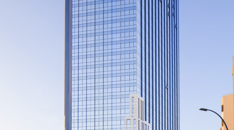 The 110m-high office tower at Shekou Gateway One architecture, building, city, cityscape, commercial building, condominium, corporate headquarters, daytime, downtown, facade, headquarters, landmark, metropolis, metropolitan area, mixed use, neighbourhood, reflection, residential area, sky, skyline, skyscraper, tower, tower block, urban area, teal