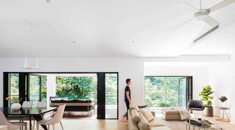 In this whole-house renovation by architect Melonie Bayl-Smith, ceiling, daylighting, home, house, interior design, living room, property, real estate, window, white