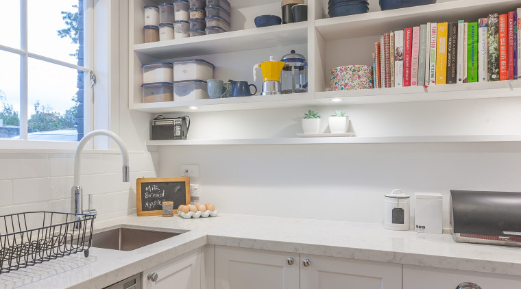 The scullery area in this Kira Gray kitchen cabinetry, countertop, interior design, kitchen, room, shelf, shelving, gray