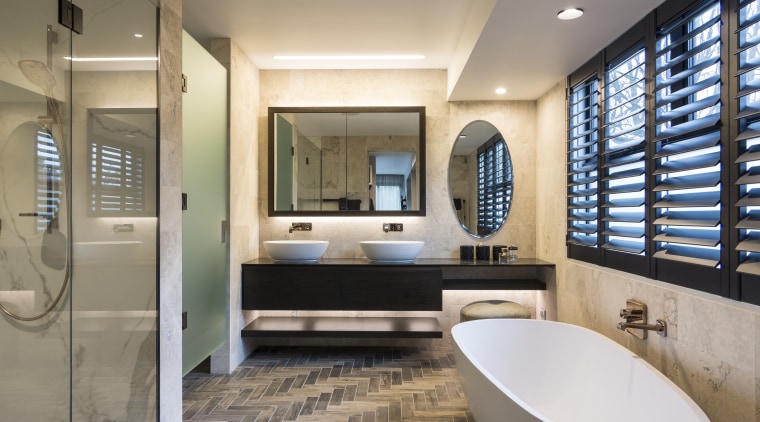 Warm tones, natural materials and homely touches like bathroom, estate, interior design, room, gray