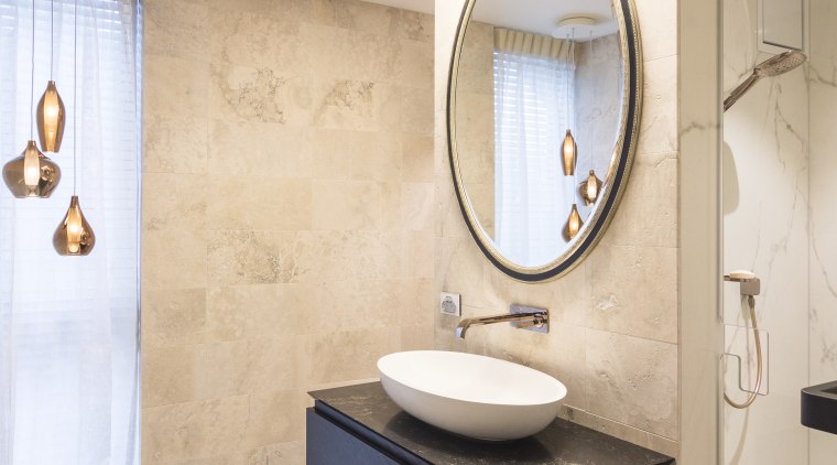 Together with the master ensuite, the designer on bathroom, ceiling, floor, flooring, interior design, plumbing fixture, product design, room, sink, tile, wall, gray