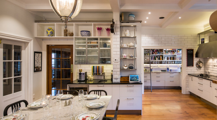 Ceiling beams were introduced together with traditional 1890s countertop, interior design, kitchen, room, gray, brown