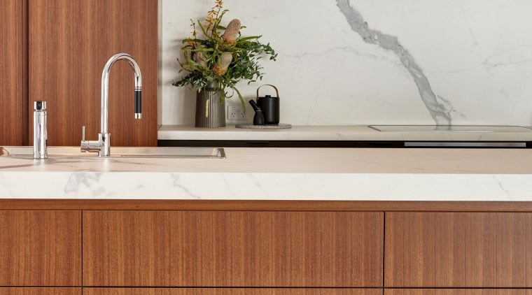 Large sheets of marble-look porcelain on the rear cabinetry, countertop, floor, flooring, furniture, hardwood, interior design, kitchen, product design, wood, white, red