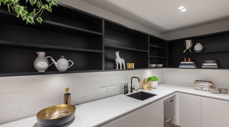 This walk-in scullery continues the look of the countertop, interior design, kitchen, gray, black