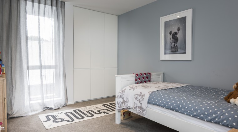 For the interior design of this home by bed, bedroom, home, house, interior design, Resene, Half Powder Blue, paint