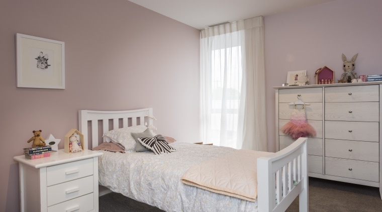 Eterno Design effortlessly brought an individual aesthetic to bed, furniture, home, interior designroom, wall, resene paint, Blanched pink, girls room