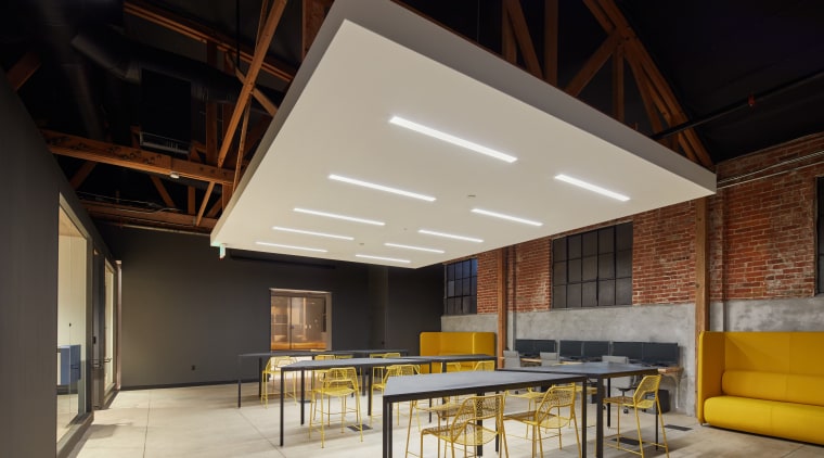 A white dropped ceiling panel helps delineate the architecture, ceiling, daylighting, house, interior design, loft, roof, black, gray