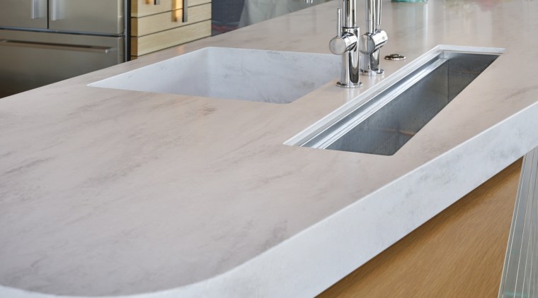 The narrowing of the benchtop at the end countertop, floor, Polished Concrete flooring, , sink, tap, Melanie Craig Design,