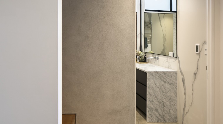 This spa-like bathroom designed by Matter Architects forms architecture, bathroom, ceiling, floor, flooring, home, house, interior design, laminate flooring, tile, wall, wood flooring, gray, brown
