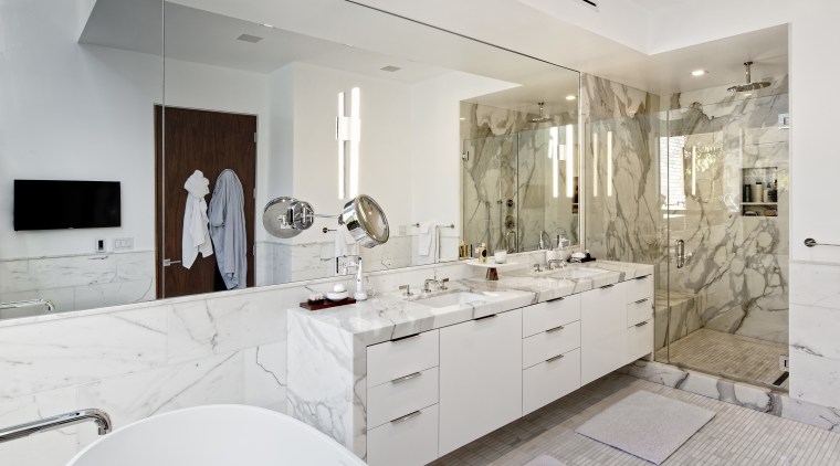 The owners of this new home asked architect bathroom, countertop, floor, home, interior design, kitchen, property, real estate, room, sink, tile, gray