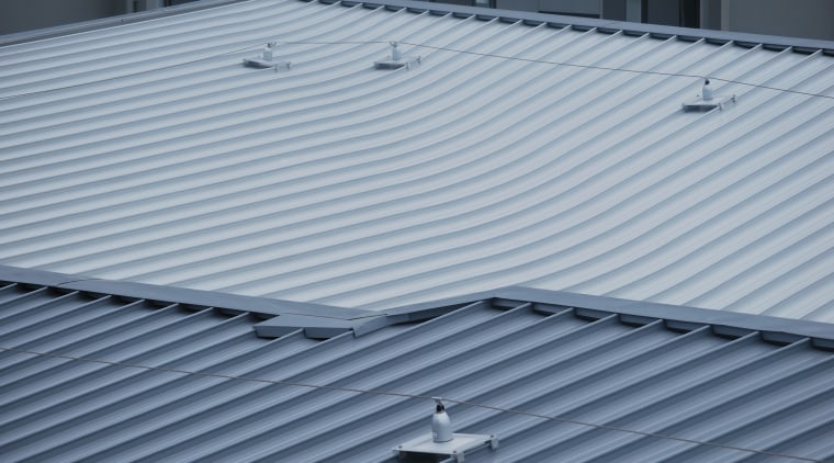 A KingZip SF standing-seam interlocking roof system was architecture, daylighting, roof, structure, gray, blue