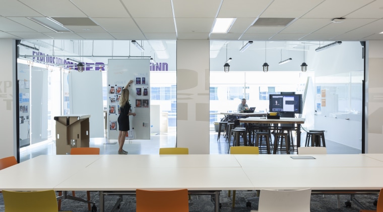 Designed by Chantal Gaiqui of Stack Interiors, The institution, interior design, office, product design, gray, white