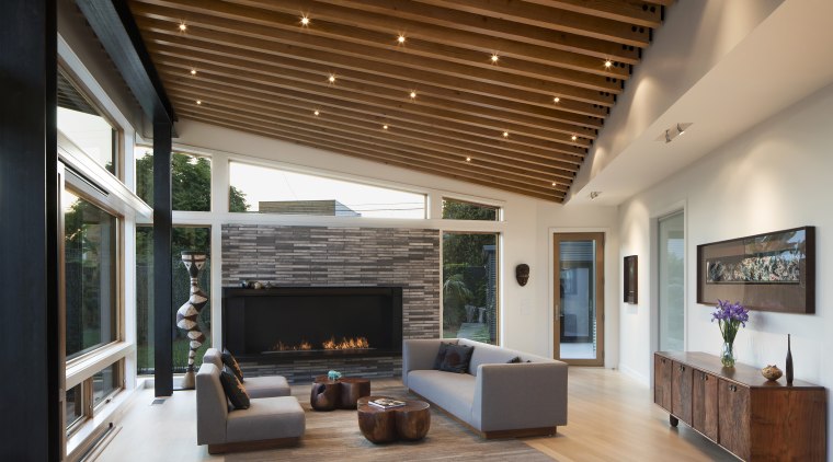 The living pavilion itself is constructed with wood, architecture, ceiling, daylighting, house, interior design, living room, real estate, brown, gray