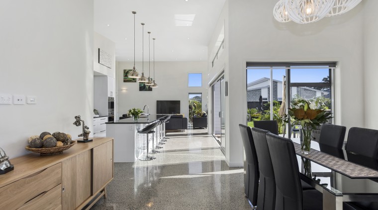 Soaring ceilings and an interior living zone that interior design, property, real estate, gray
