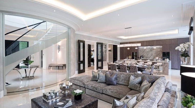 We want this zone to feel more relaxed, ceiling, estate, home, interior design, living room, penthouse apartment, property, real estate, gray